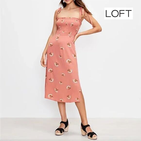 LOFT Beach Womens Midi Dress Size Medium Pink Smocked Bodice Floral Vacation - Picture 1 of 7